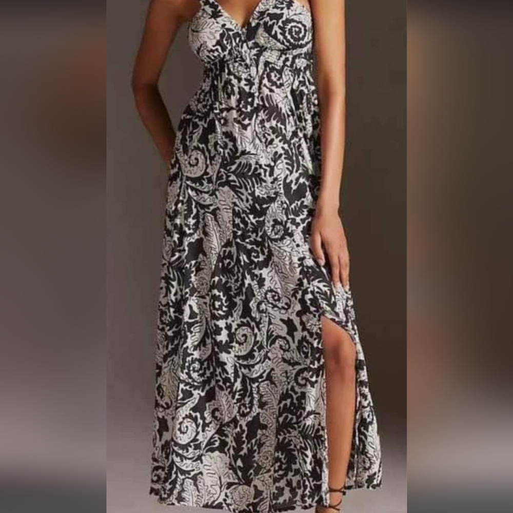NWT Anthropologie V-Neck Maxi Drama Dress L Black White Cut Out Back Sleeveless
